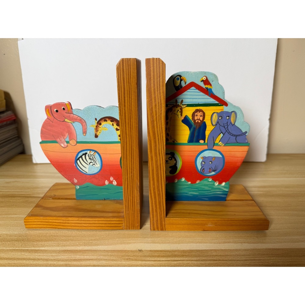 Vintage Noah's Ark Wooden Bookends Whimsical Animals Nursery Decor 8"H 6"L‎